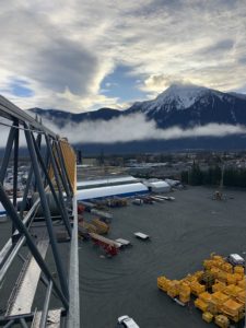 Bigfoot Liebherr EC-B 6 looking at Mount Cheam in Abbotsford, British Columbia.